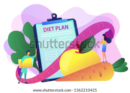 Tiny people nutritionist and diet plan checklist with vegetables, fruit. Nutrition diet, weight-management diet, individual dietary service concept. Bright vibrant violet vector isolated illustration