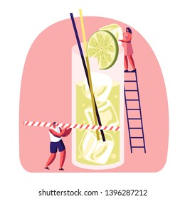 Tiny People on Ladder Put Slice of Lime to Big Glass with Juice, Ice Cubes and Straw. Male and Female Characters Drinking Cold Drinks and Sweet Beverage at Summer Time Cartoon Flat Vector Illustration