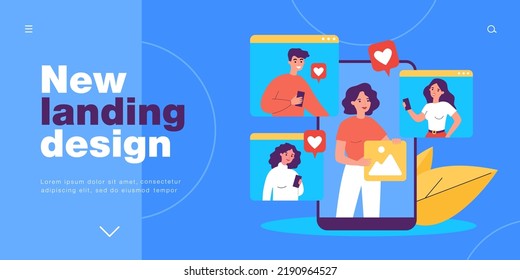 Tiny people on phone screens giving likes to bloggers content. Woman holding picture from channel in hand flat vector illustration. Blog concept for banner, website design or landing web page