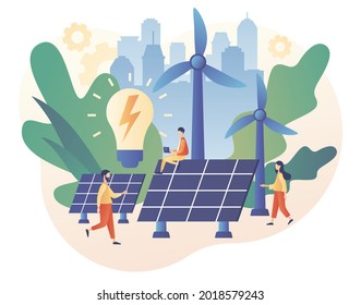 Tiny People On Power Plant With Solar Panels And Windmills. Renewable Energy. Green Energy Concept. Eco Industry. Modern Flat Cartoon Style. Vector Illustration On White Background