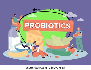 Tiny people on probiotic diet vector illustration. Woman drinking yogurt useful for gut, man with seed and lady with nut eating organic food:  vegetables and fruits. Diet and health concept