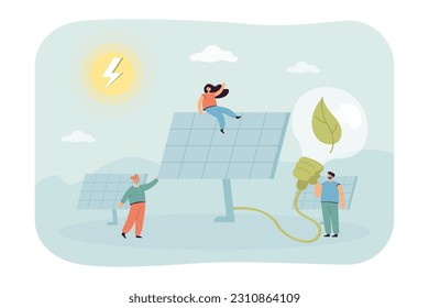Tiny people on solar power panels vector illustration. Development and access to renewable energy sources, transportation of electricity. Green living lifestyle, sustainability, ecology concept