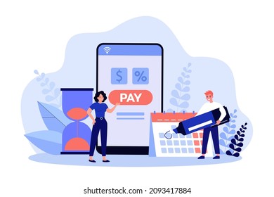 Tiny people and online calendar app for monthly payment. Person marking deadline date on digital planner flat vector illustration. Payday, loan, concept for banner, website design or landing web page