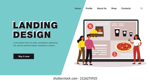 Tiny people ordering food online on laptop. Smiling friends buying fastfood using internet application on computer from home. Delivery service concept. Flat vector cartoon illustration.
