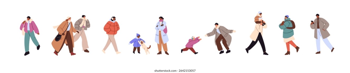 Tiny people in outerwear walking in winter set. Families with kids, couples, men and women in warm clothes stroll, play, have fun at Christmas time. Flat isolated vector illustrations on white