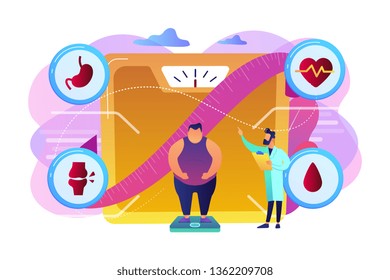 Tiny people, overweight man on scales and doctor showing obesity deseases. Obesity health problem, obesity main causes, overweight treatment concept. Bright vibrant violet vector isolated illustration