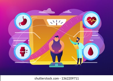 Tiny people, overweight man on scales and doctor showing obesity deseases. Obesity health problem, obesity main causes, overweight treatment concept. Bright vibrant violet vector isolated illustration