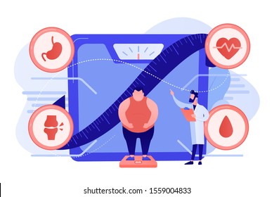 Tiny people, overweight man on scales and doctor showing obesity deseases. Obesity health problem, obesity main causes, overweight treatment concept. Pinkish coral bluevector isolated illustration