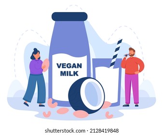 Tiny people with package of vegan milk flat vector illustration. Plant-based, almond, oat, rice, hemp seed, soya, lactose free milk for veganist or people without lactose tolerance. Veganism concept