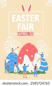 Tiny people painting and decorating giant easter eggs with paint rollers and brushes for easter fair event on april 12, easter celebration poster, spring holiday event