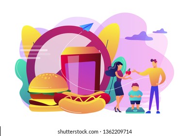 Tiny People, Parents And Overweight Kid On Scales, Fast Food Prohibited. Child Overweight, Children Disordered Eating, Kids Energy Imbalance Concept. Bright Vibrant Violet Vector Isolated Illustration