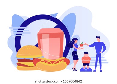 Tiny people, parents and overweight kid on scales, fast food prohibited. Child overweight, children disordered eating, kids energy imbalance concept. Pinkish coral bluevector isolated illustration