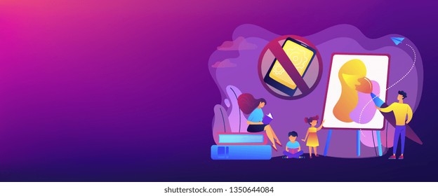Tiny people parents paint and read books with children and no smartphone sign. Low tech parenting, tech-free kids, low media child concept. Header or footer banner template with copy space.