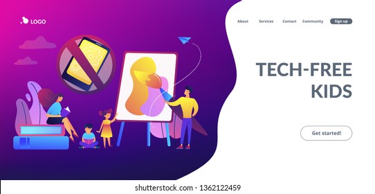Tiny people parents paint and read books with children and no smartphone sign. Low tech parenting, tech-free kids, low media child concept. Website vibrant violet landing web page template.