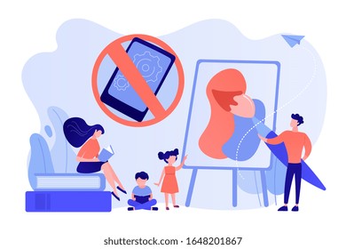 Tiny people parents paint and read books with children and no smartphone sign. Low tech parenting, tech-free kids, low media child concept. Pinkish coral bluevector isolated illustration