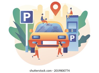 Tiny people park сar in Parking area, parking lot. Public car-park in big city. Urban transport. Road sign. Modern flat cartoon style. Vector illustration on white background