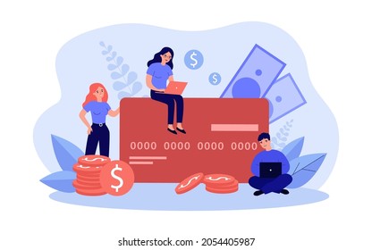Tiny people paying by big credit card. Modern man and woman using laptop for money terminal and bill flat vector illustration. Online payment concept for banner, website design or landing web page