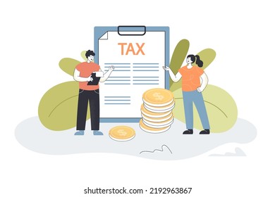Pequeñas personas pagan impuestos. Hombre y mujer parados con documentos de papel financiero y monedas de dinero ilustraciones vectoriales planas. Finanzas, concepto de impuestos para banner, diseño de sitios web o página web de aterrizaje