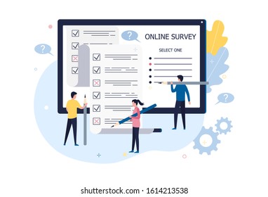 Tiny people with pencils fill out a survey online. The concept of online testing, questionnaires, answers to questions, choose the right options. Flat vector illustration isolated on white background.
