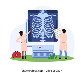 Tiny people performing an X-ray examination using a large X-ray machine, highlighting medical diagnostics and teamwork vector illustration.