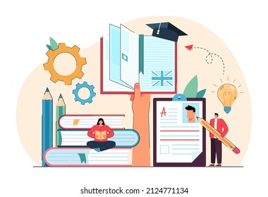 Tiny people with pile of books and pen flat vector illustration. Man and woman learning foreign languages, reading, writing, passing tests, improving skills. Education, knowledge concept