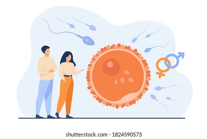 Tiny people planning baby flat vector illustration. Cartoon embryo development and human healthy reproduction symbolic visualization. Fertility and parenthood concept