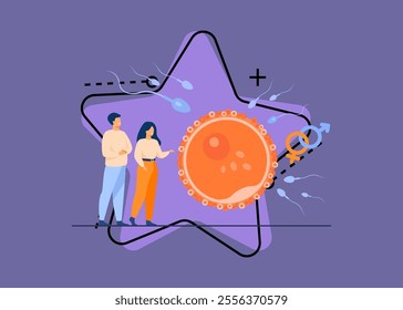 Tiny people planning baby flat vector illustration. Cartoon embryo development and human healthy reproduction symbolic visualization. Fertility and parenthood concept