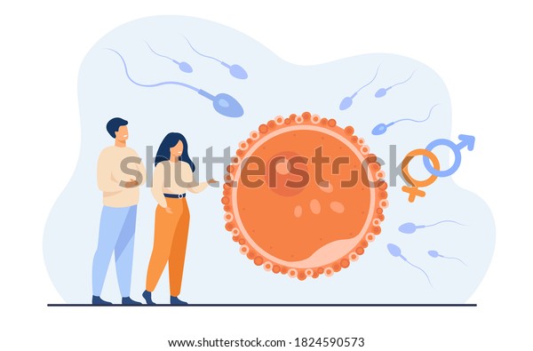 Tiny people planning\
baby flat vector illustration. Cartoon embryo development and human\
healthy reproduction symbolic visualization. Fertility and\
parenthood concept