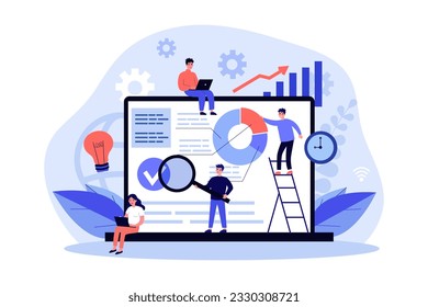 Tiny people planning product development vector illustration. Businessmen analyzing production, launching, branding and marketing of product in infographics on screen. Business, production concept