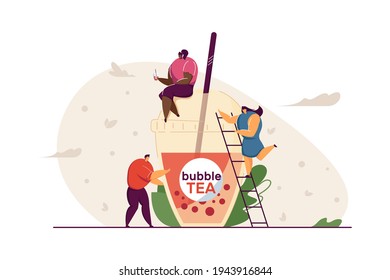 Tiny people with plastic cup of bubble tea. Black girl sitting on top of cup and drinking beverage, woman climbing ladder, man standing beside. Bubble tea, business concept for banner or background