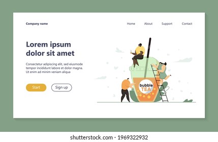 Tiny people with plastic cup of bubble tea. Black girl sitting on top of cup and drinking beverage, woman climbing ladder, man standing beside. Bubble tea, business concept for banner or background