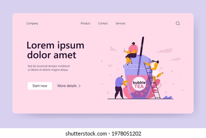 Tiny People With Plastic Cup Of Bubble Tea. Black Girl Sitting On Top Of Cup And Drinking Beverage, Woman Climbing Ladder, Man Standing Beside. Bubble Tea, Business Concept For Banner Or Background