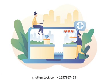 Tiny people playing classic platformer using laptop. Retro game online. Modern flat cartoon style. Vector illustration on white background