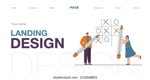 Tiny people playing noughts and crosses flat vector illustration. Happy man and woman holding huge pencils. Game, ticktacktoe, together, strategy concept for banner, website design or landing web page