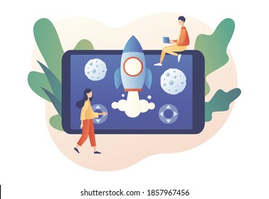 Tiny people playing video game with rocket and asteroids using laptop, smartphone and tablets. Retro game online. Modern flat cartoon style. Vector illustration on white background 