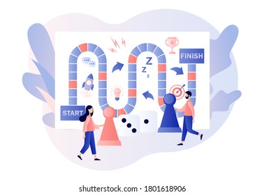 Tiny people playing and winning board games and dice. Leisure time activity, whole family or friends activity. Modern flat cartoon style. Vector illustration on white background
