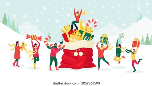 Tiny People Prepare for Christmas and New Year Holiday Celebration. Characters Carry Huge Candy Cane, Gift Box, Sweets, Gingerbread man near Big Santa Sack with Heap of Presents and Festive Decor