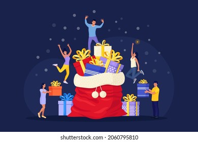 Tiny People Prepare for Christmas and New Year Holiday Celebration. Characters Carry Huge Gift Box near Big Santa Sack with Heap of Presents and Festive Decor. Vector illustration