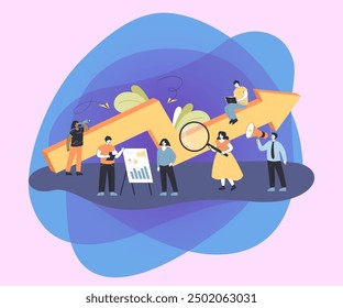 Kleine Leute, die sich vorbereiten und die Gründung von Geschäftsprojekten vorantreiben. Team im Prozess der Erstellung von Plänen, tun Werbung und Förderung flache Vektorgrafik. Teamarbeit, Unternehmenserfolgskonzept