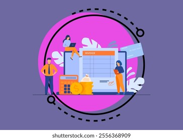 Tiny people preparing invoice on computer isolated flat vector illustration. Cartoon accountants creating reports about VAT, payroll and paid money. Online payment and accounting concept