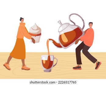 Tiny people preparing tea party on table. Tiny woman carries cupcake, man pours tea from kettle into cup. Tea ceremony. Vector illustration isolated on white background for tea party, menu, shop.