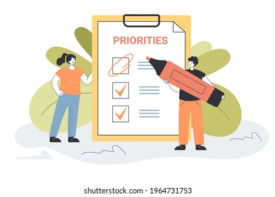 Tiny people prioritizing important tasks together. Workers choosing agenda, making list flat vector illustration. Progress, teamwork, priority concept for banner, website design or landing web page
