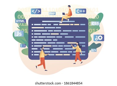 Tiny people programmer or developer create code programming language. PHP,HTML,C++, CSS, Js.Programming and engineering development.  Modern flat cartoon style. Vector illustration on white background