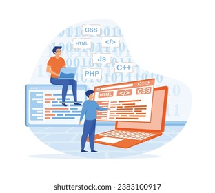 Tiny people programmer or developer create code programming language. flat vector modern illustration 