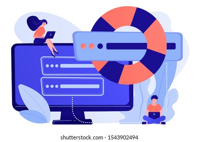 Tiny people programmers with laptops save data on backup server with lifebuoy. Backup server, online backup storage, secondary system server concept. Pinkish coral bluevector isolated illustration