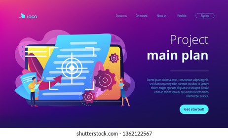 Tiny people project managers work on vision and scope document. Vision and scope document, project main plan, project management document concept. Website vibrant violet landing web page template.