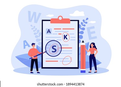 Tiny people proofreading text flat vector illustration. Cartoon students checking grammar errors in work for college. Education and punctuation concept