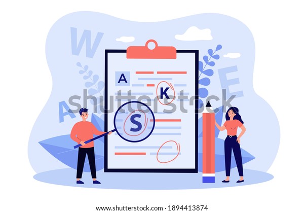 Tiny people proofreading text flat\
vector illustration. Cartoon students checking grammar errors in\
work for college. Education and punctuation\
concept