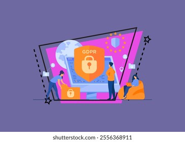 Tiny people protecting business data and legal information isolated flat vector illustration. General privacy regulation for protection of personal data. GDPR and privacy politics concept