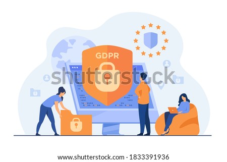 Tiny people protecting business data and legal information isolated flat vector illustration. General privacy regulation for protection of personal data. GDPR and privacy politics concept